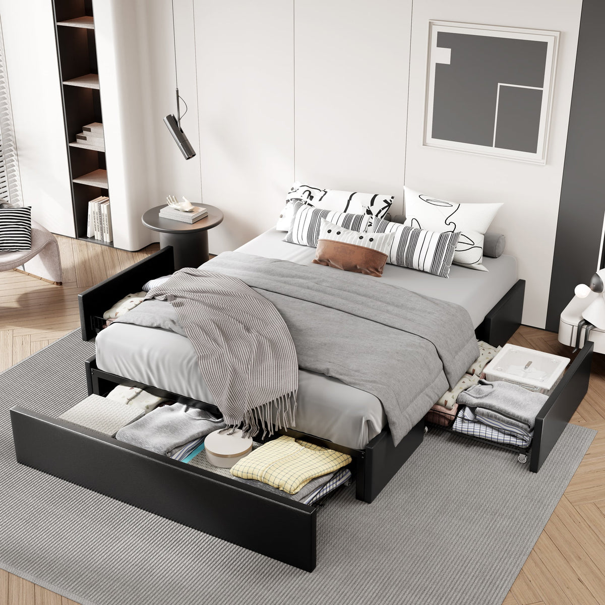 Dark Grey Queen Size Platform Bed Frame with 3 Storage Drawers S4436
