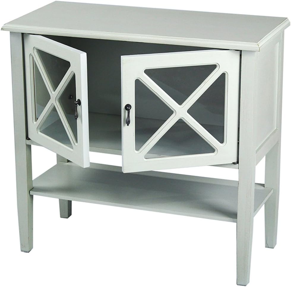 2 Door Accent Console Cabinet with X Pane Glass Insert and Bottom Shelf Seafoam Green W5662