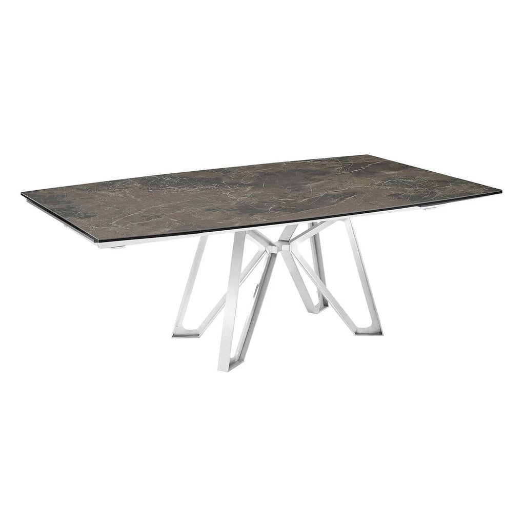 Dining Table with Brushed Stainless Steel Base and Brown Marbled Porcelain Top N87432