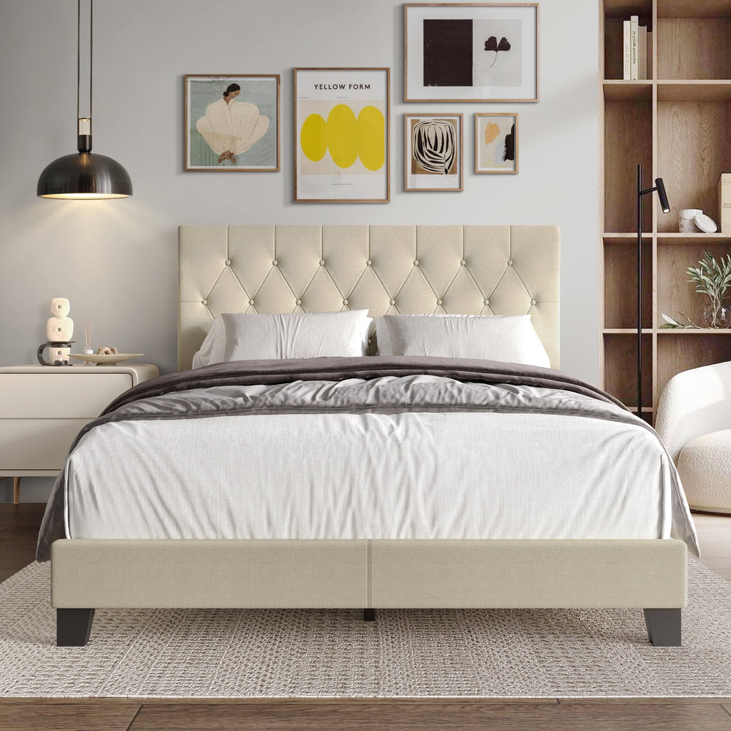 Beige Linen Upholstered Full Bed Y743