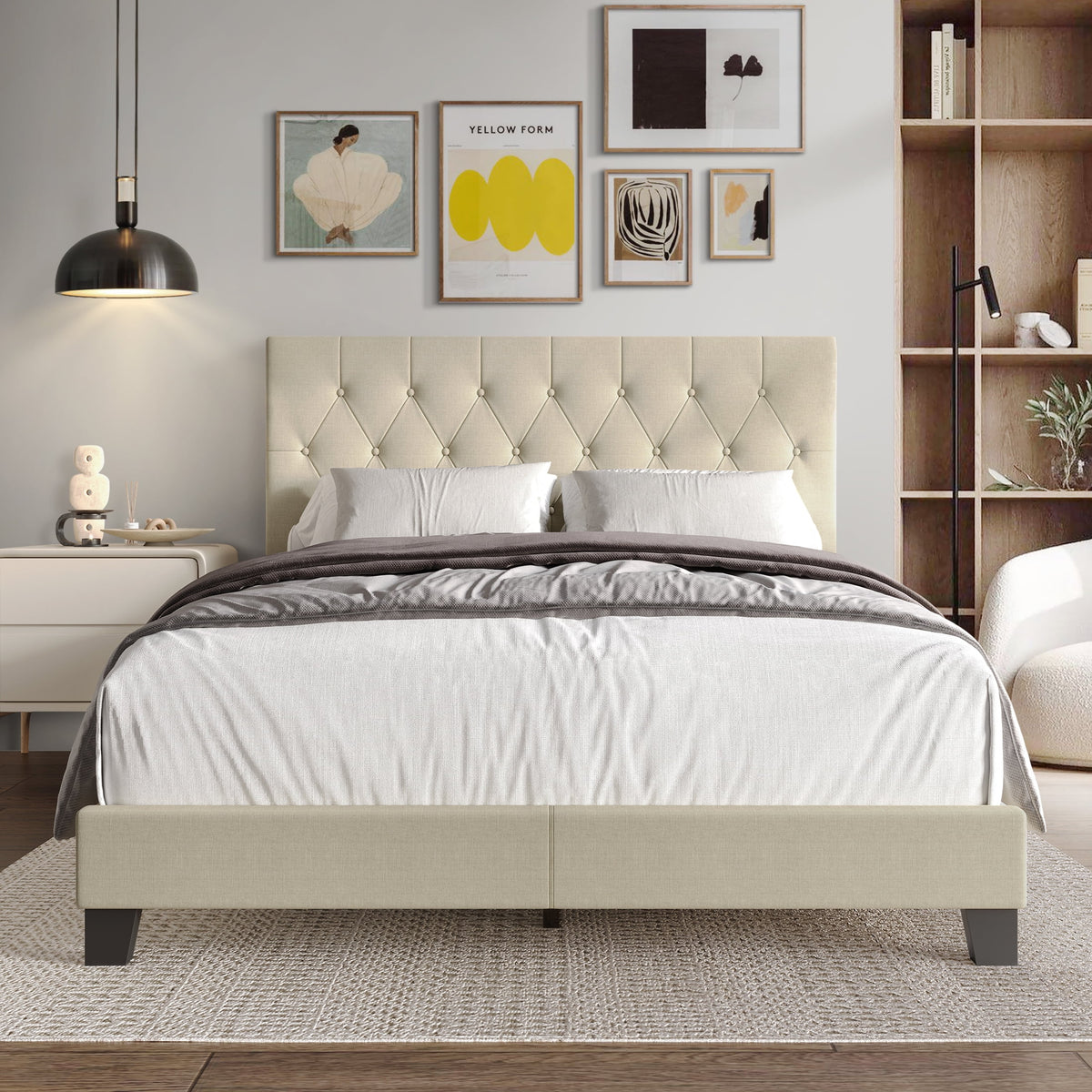 Beige Linen Upholstered Full Bed Y743