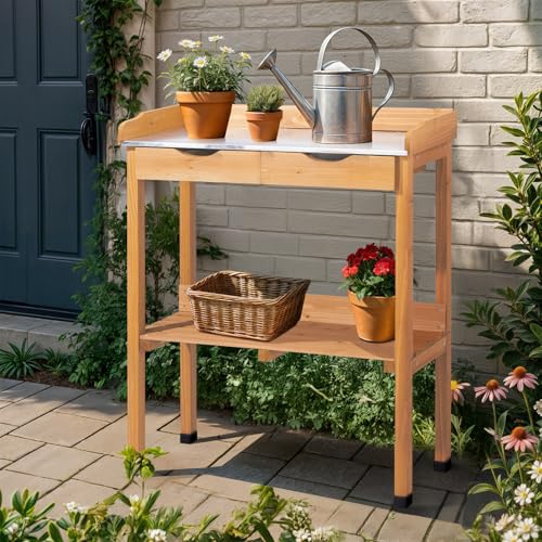Wooden Potting Bench Table with Metal Tabletop and Open Shelf F978