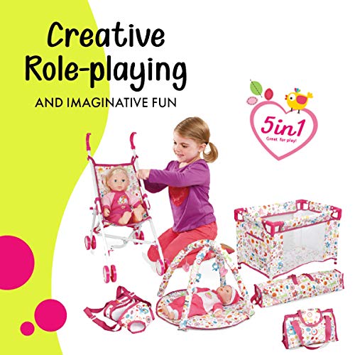 5-in-1 Baby Doll Stroller Nursery Playset with Play Mat, Playard, Carrier, and Travel Bag T925900