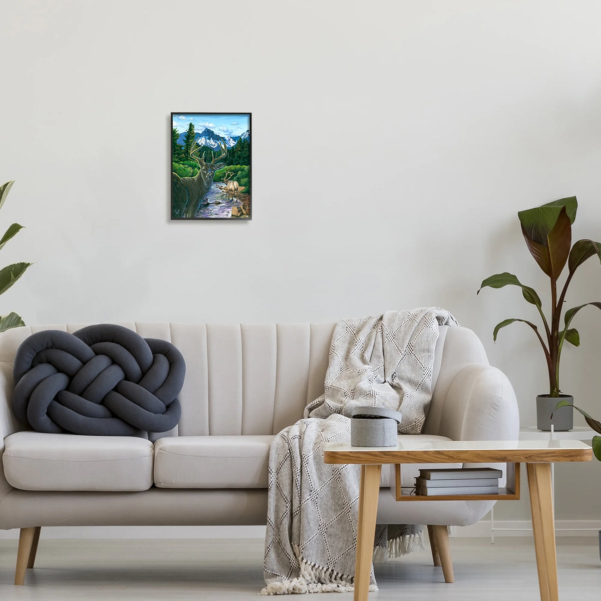 Deer in Mountain Scenery Black Framed Art Print V320
