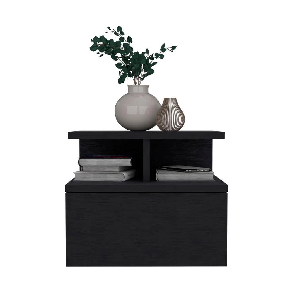 Black Floating Nightstand with Single Drawer and 2-Tier Shelf F104821