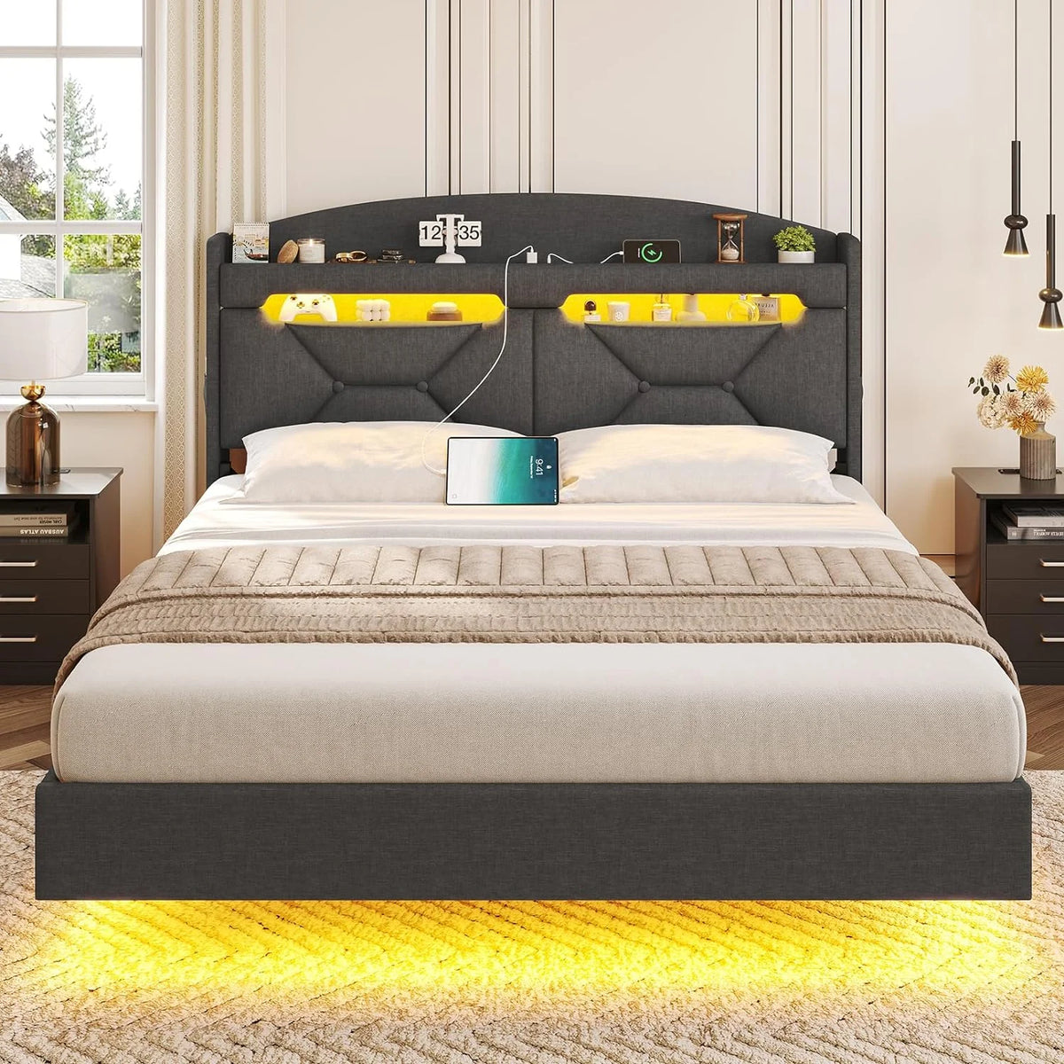King Size Upholstered Platform Bed Frame with Storage Headboard and LED Lights R670