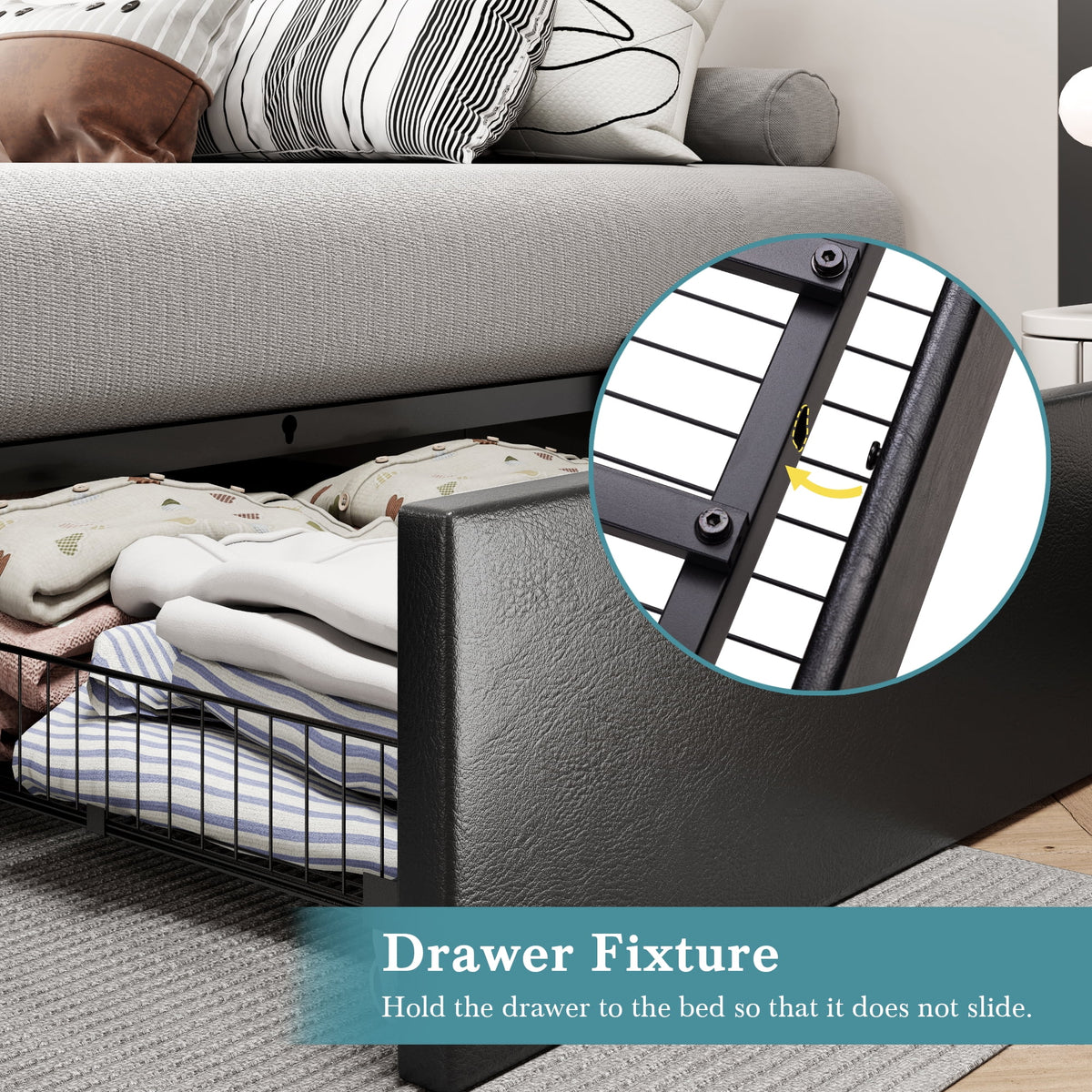Dark Grey Queen Size Platform Bed Frame with 3 Storage Drawers S4436