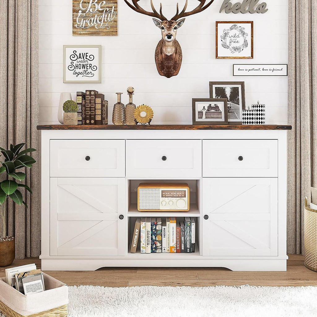White TV Stand with 3 Drawers and Shelves W9324