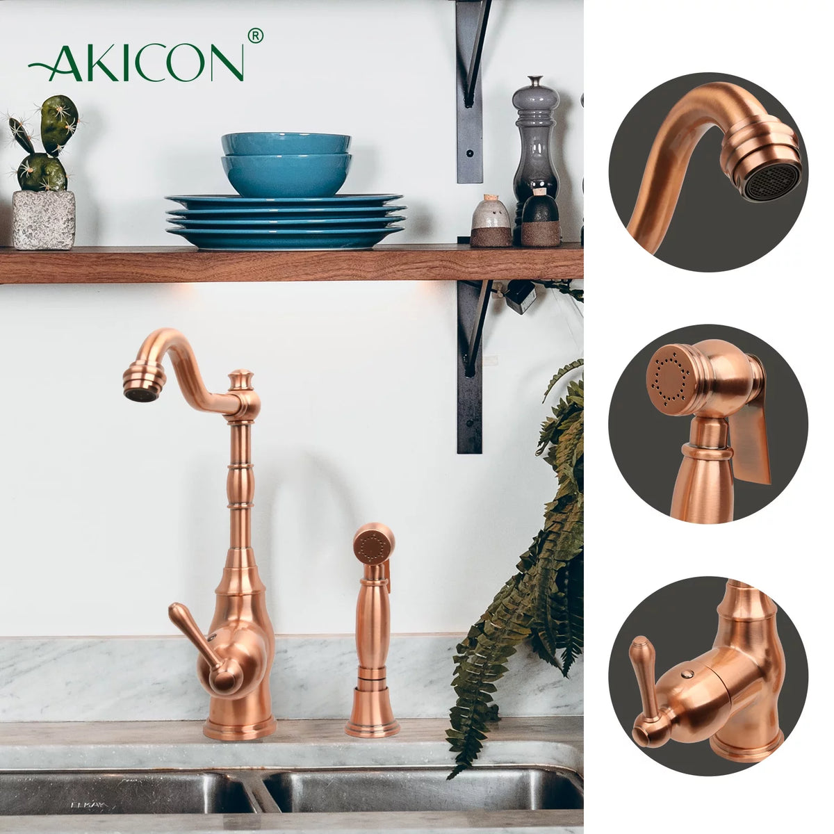 One-Handle Copper Widespread Kitchen Faucet with Side Sprayer V304