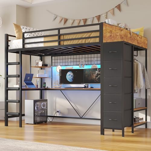 Twin Size Black Metal Loft Bed with Desk and Drawers X52344