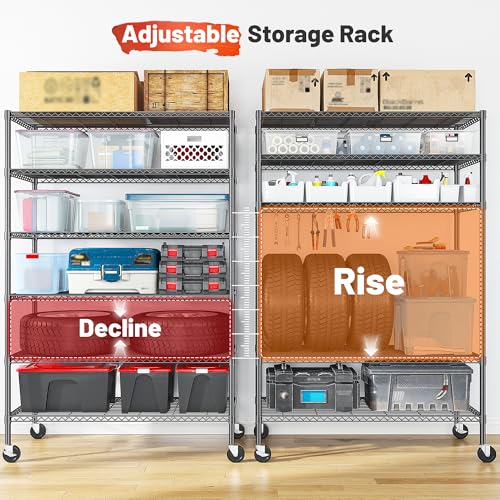 82" H X45 W X18 D 6 Tier Adjustable Metal Shelving with Wheels, Black U7062