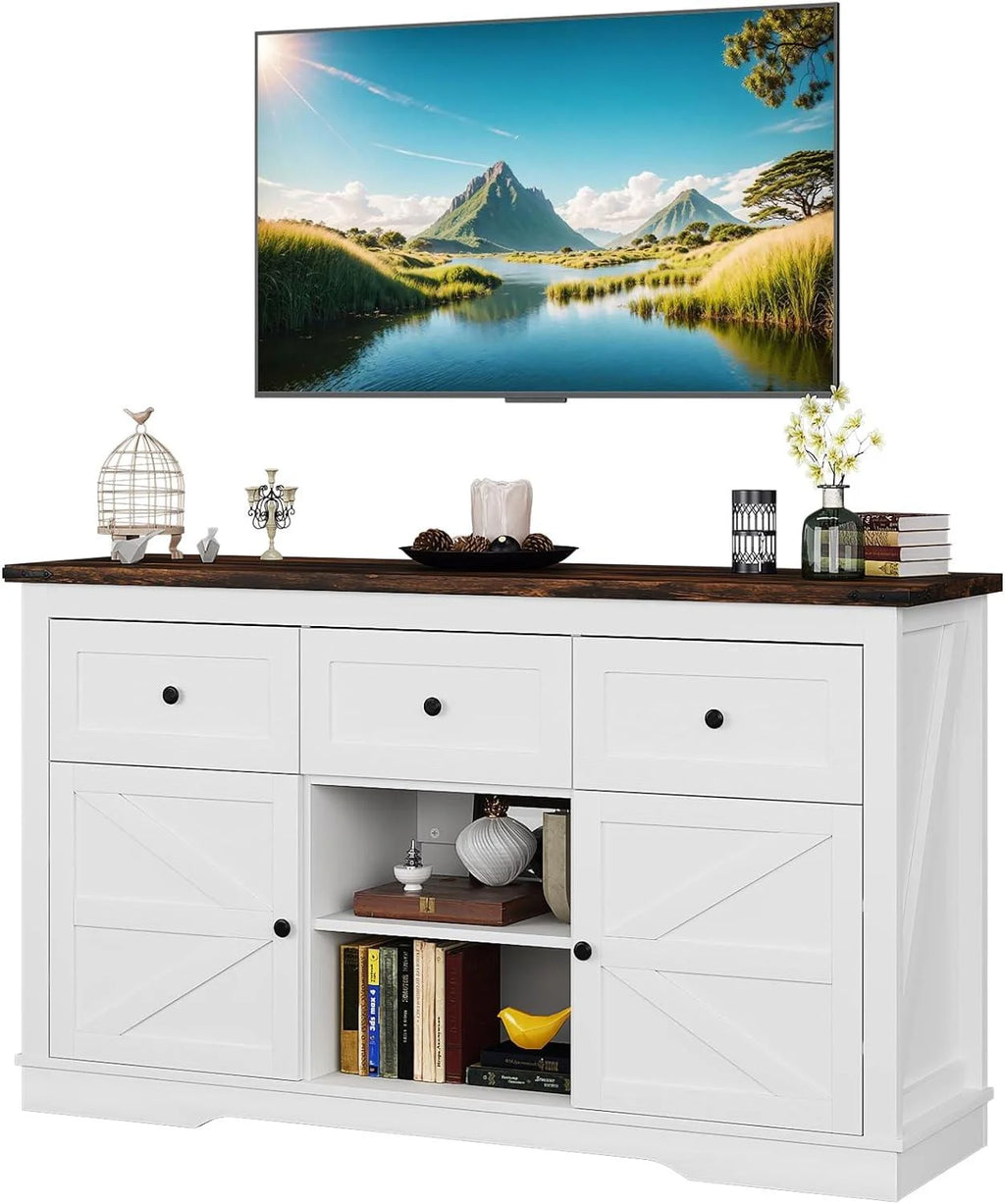 White TV Stand with 3 Drawers and Shelves W9324