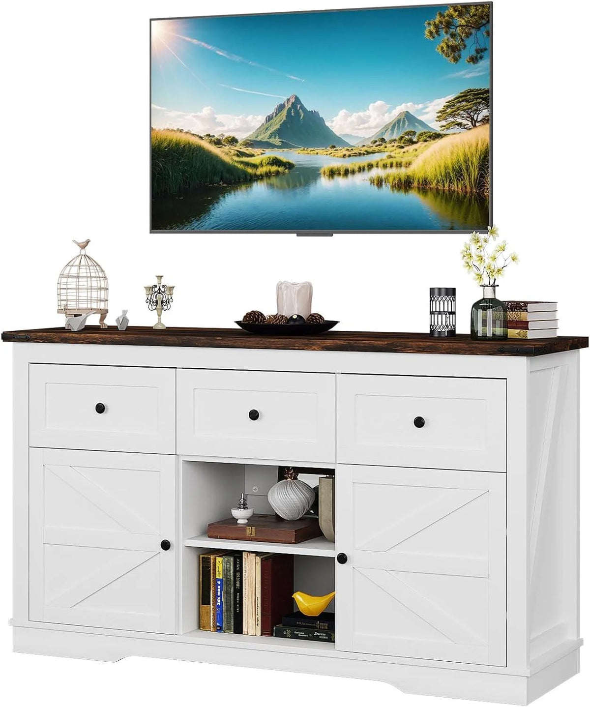 White TV Stand with 3 Drawers and Shelves W9324
