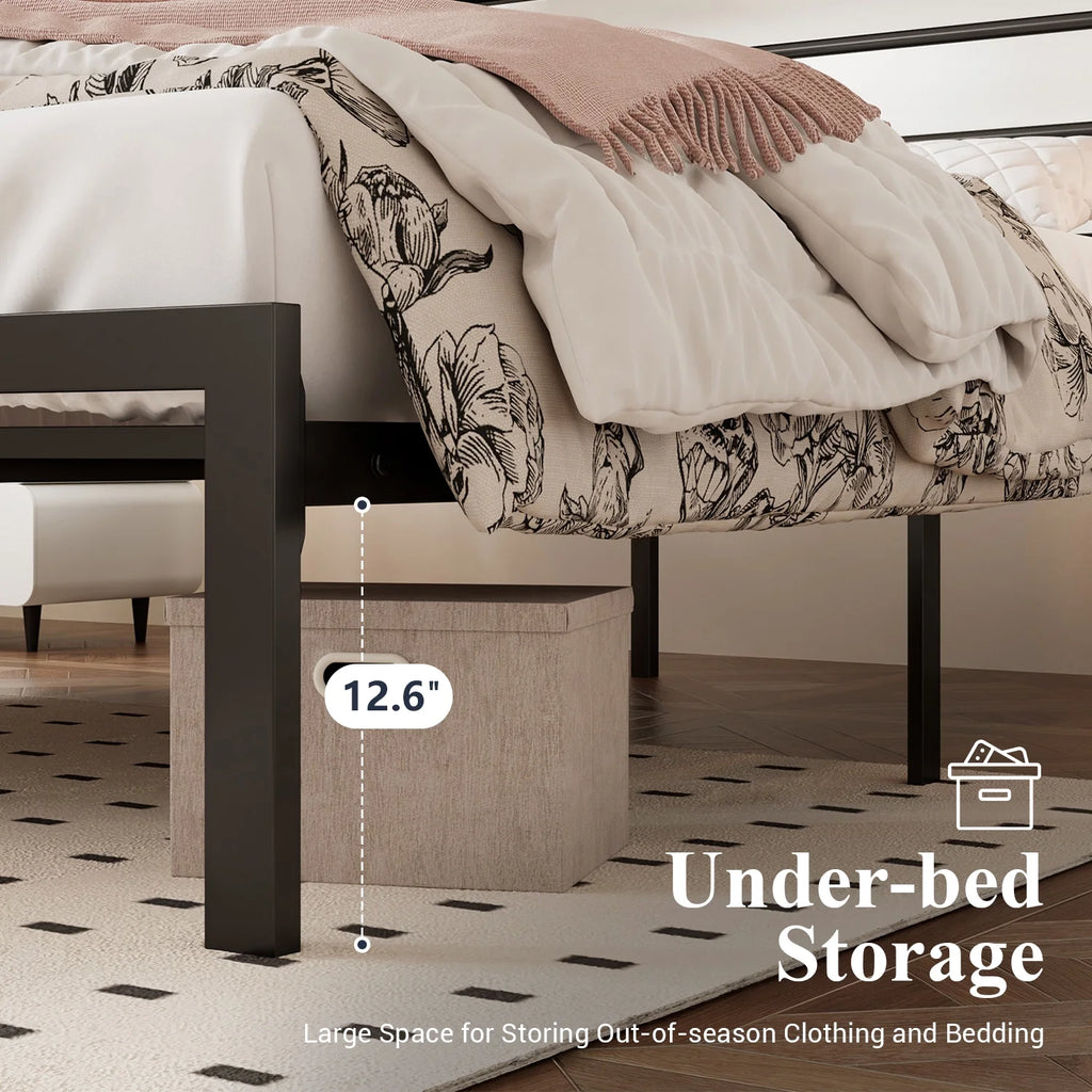 Queen Size Metal Platform Bed Frame with Shelf Headboard D286