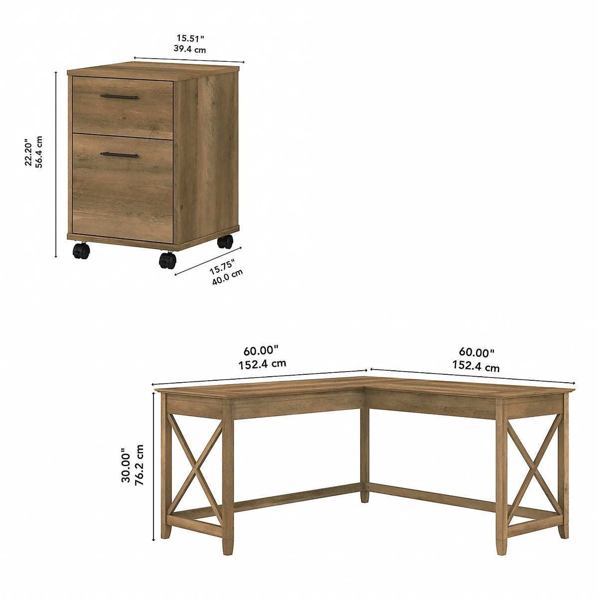 L Desk with Mobile File Cabinet in Reclaimed Pine Engineered Wood K779477