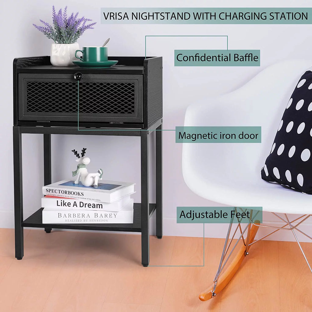 Black Nightstand with Charging Station and Drawers Y81677