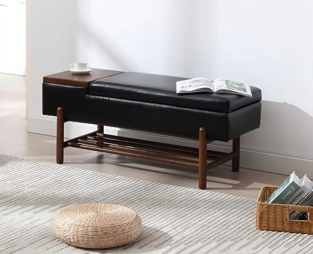 Green Leather Upholstered Ottoman Bench with Wood Shoe Rack O102
