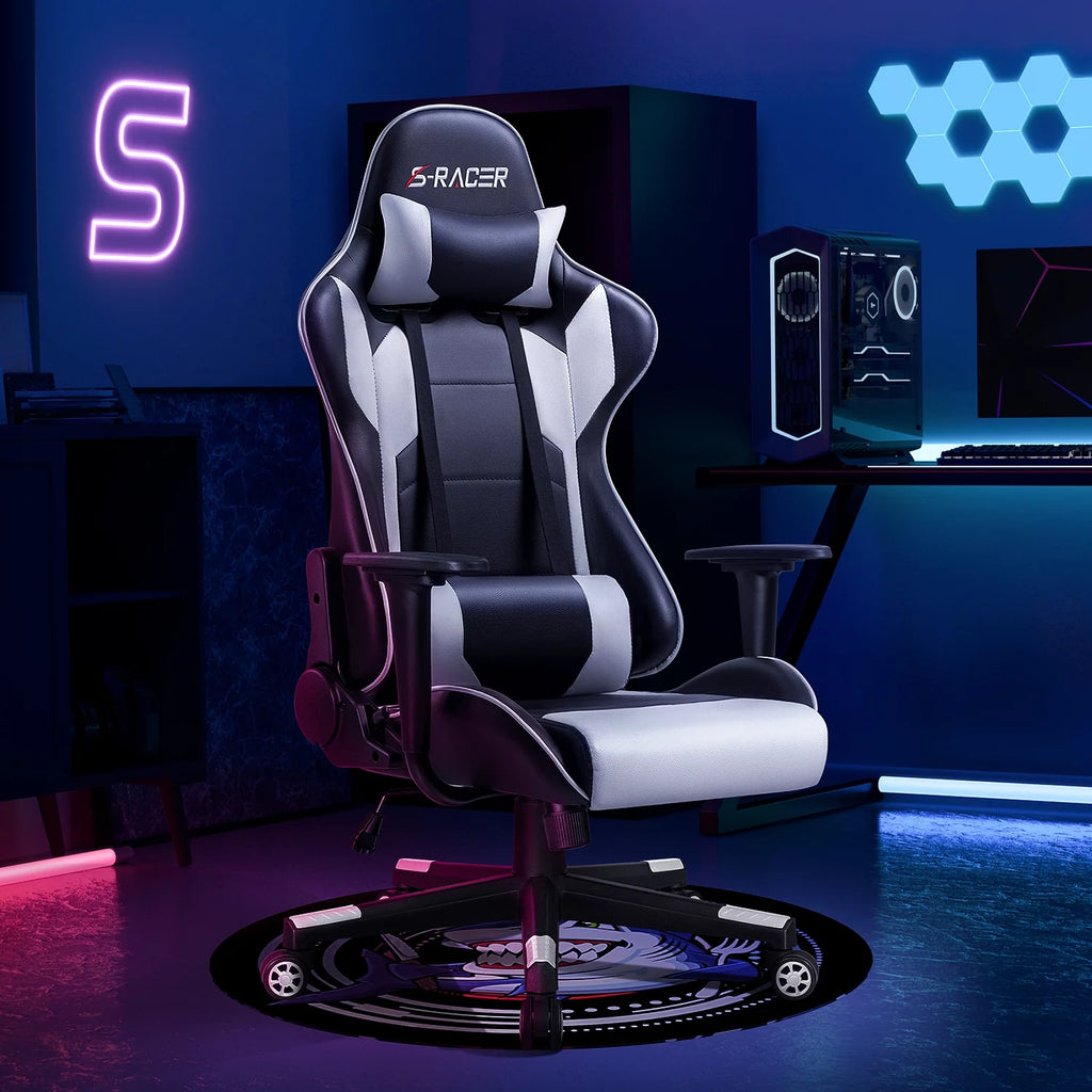 White Ergonomic Leather Gaming Chair with Headrest and Lumbar Support I587