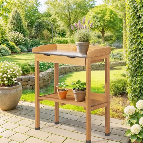Wooden Potting Bench Table with Metal Tabletop and Open Shelf F978