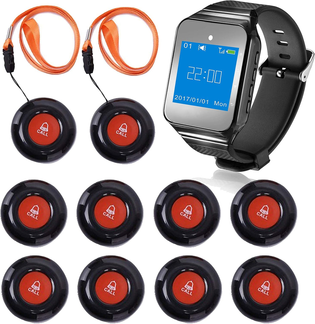 Wireless Wrist Pager Call System 1 PC Receiver 10 PCS Call Buttons U827