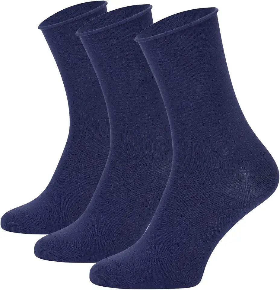 3 Pairs Organic Cotton Diabetic Socks for Women Loose Fit Crew Sock Navy Q621