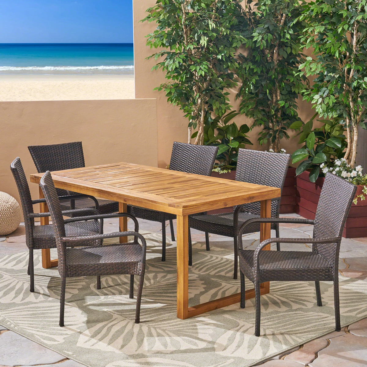Acacia Wood and Wicker 7 Piece Dining Set M264