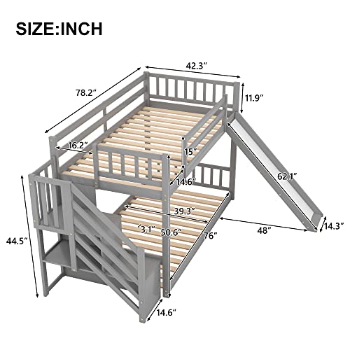 Twin Over Twin Wood Bunk Bed with Slide and Storage Drawers N2297