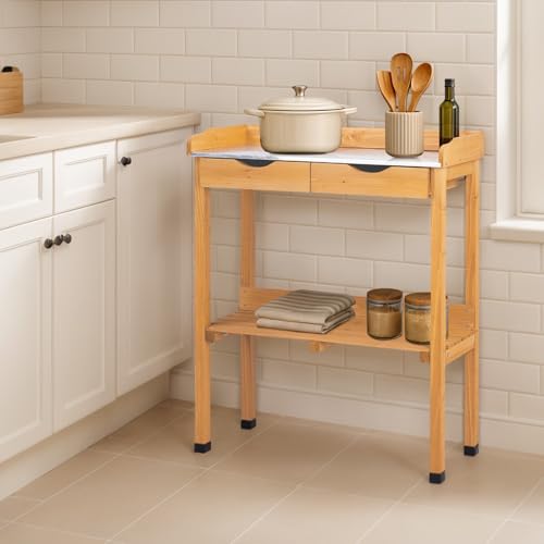 Wooden Potting Bench Table with Metal Tabletop and Open Shelf F978