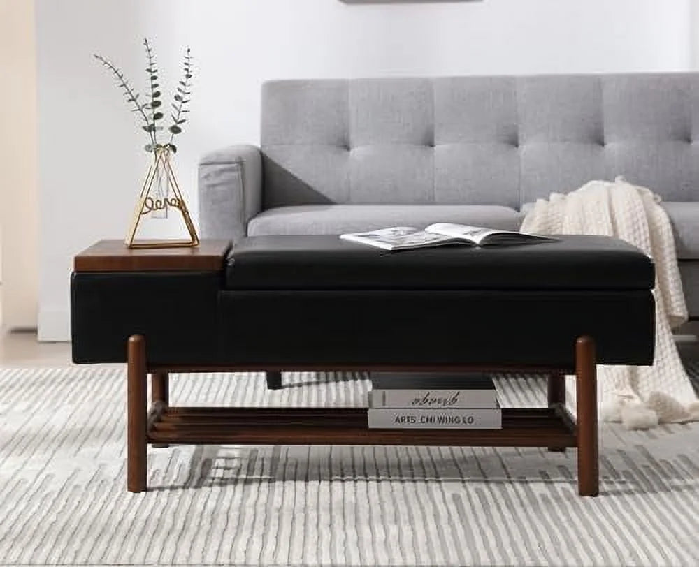 Green Leather Upholstered Ottoman Bench with Wood Shoe Rack O102