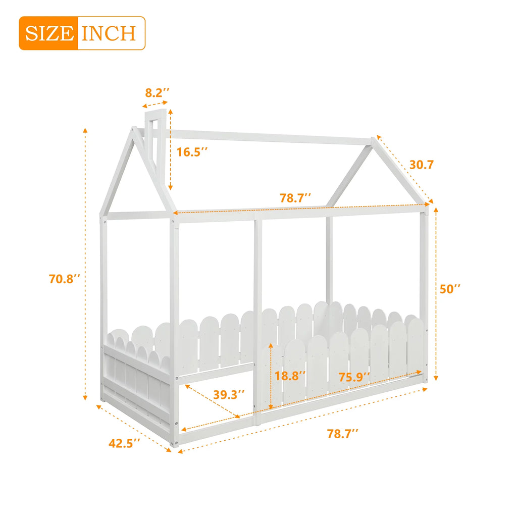White Twin Size Wood Bed Frame with Fence J43104