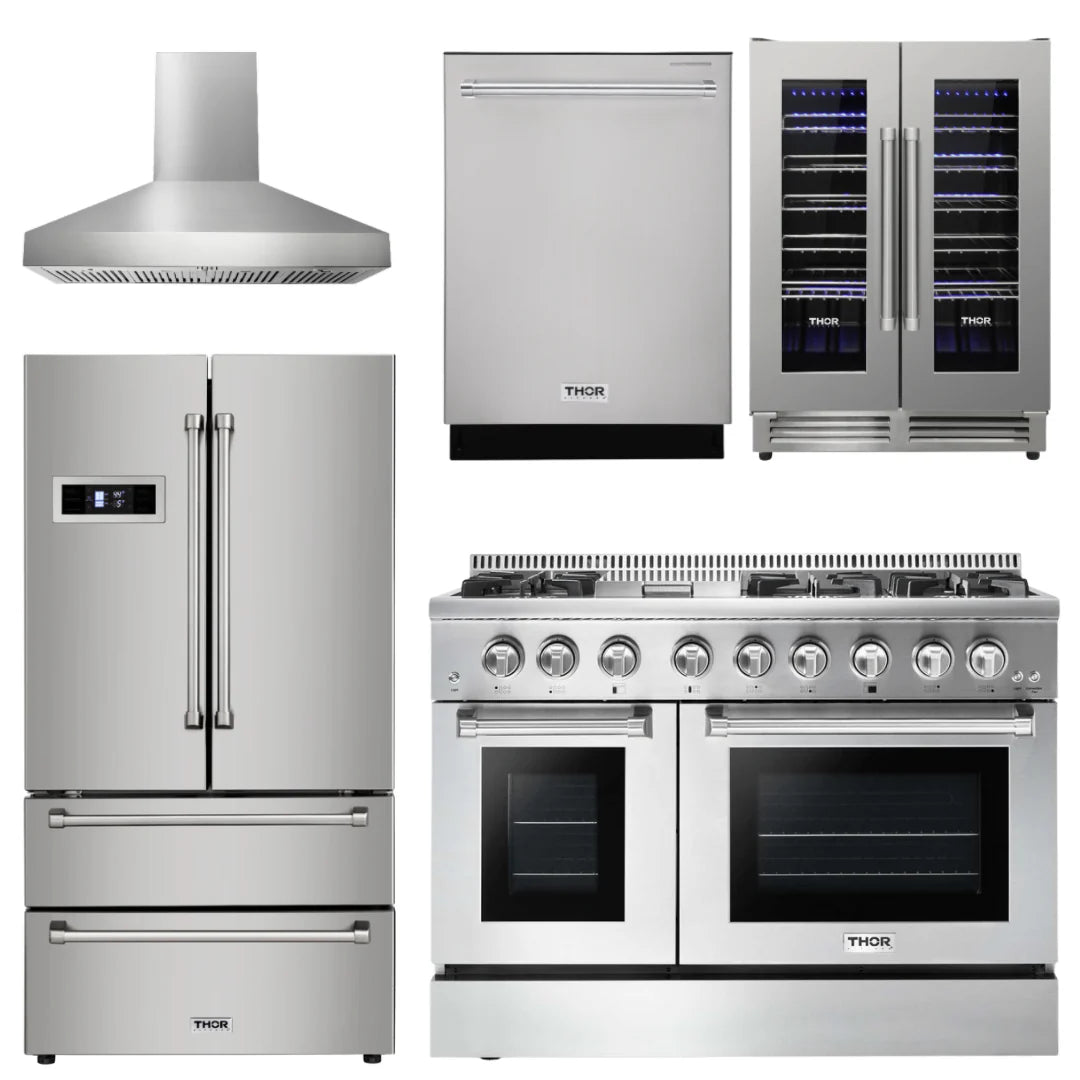 48 Inch Dual Fuel Range, Range Hood, Refrigerator, Dishwasher, Wine Cooler Y2182