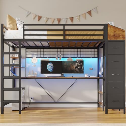 Twin Size Black Metal Loft Bed with Desk and Drawers X52344