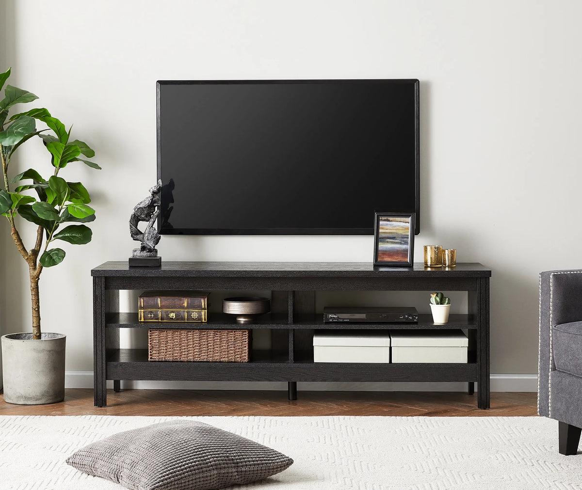 Black Wood TV Stand with 4 Cubby D25407