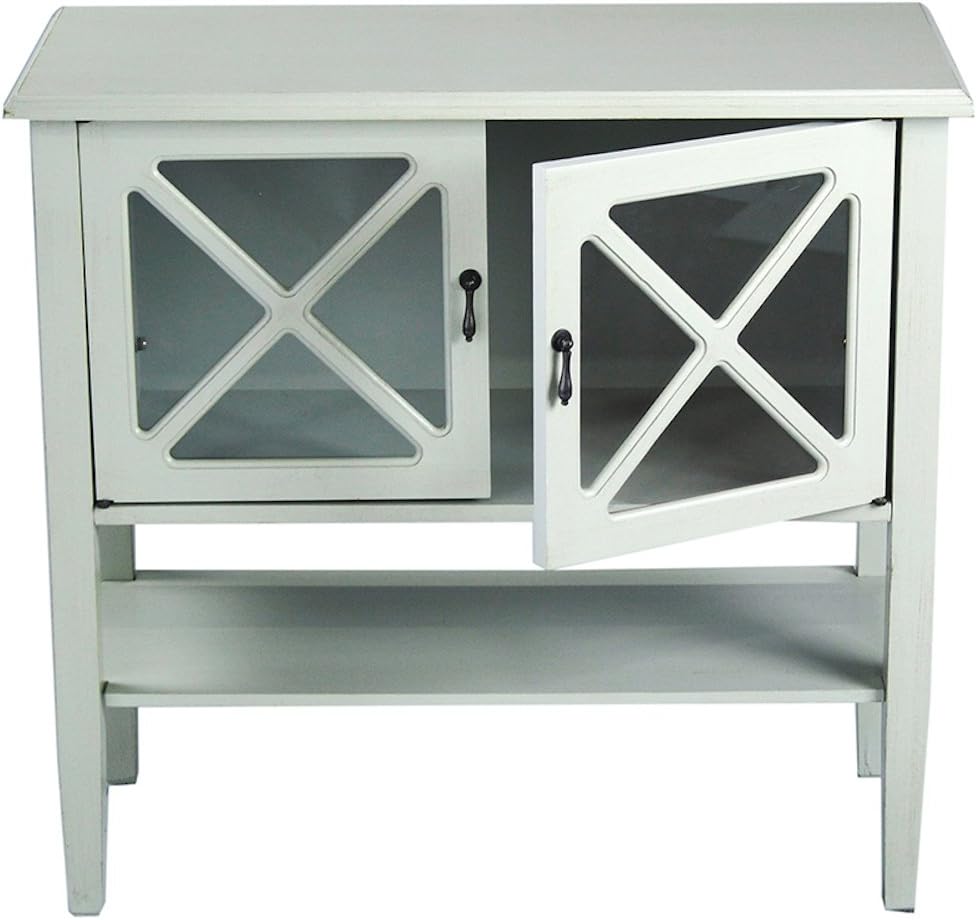 2 Door Accent Console Cabinet with X Pane Glass Insert and Bottom Shelf Seafoam Green W5662