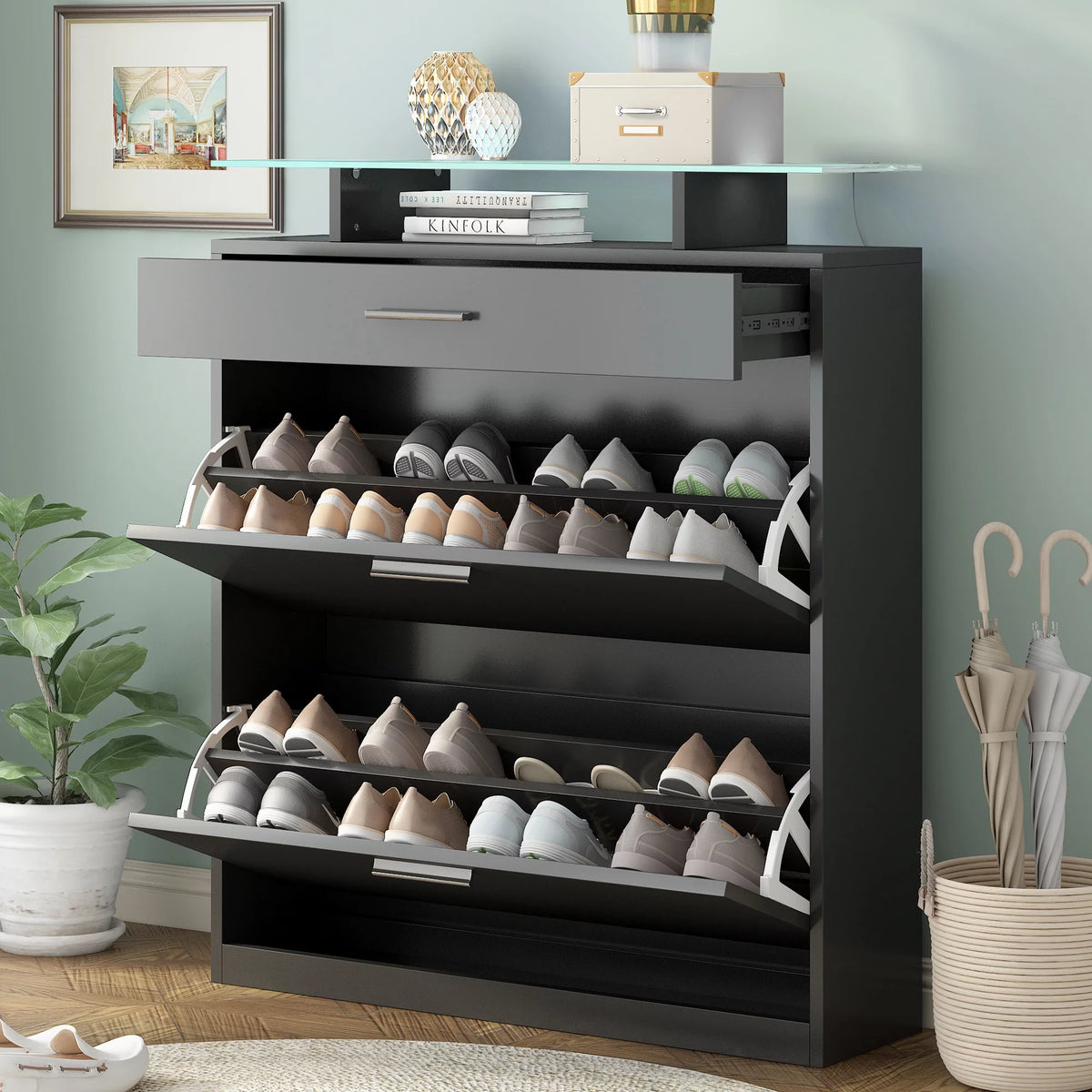 Black Slim Entryway Organizer with 2 Flip Drawers N8701