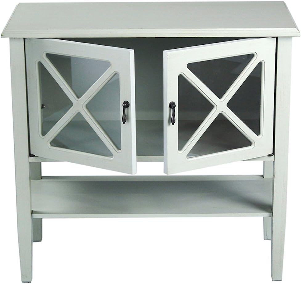 2 Door Accent Console Cabinet with X Pane Glass Insert and Bottom Shelf Seafoam Green W5662