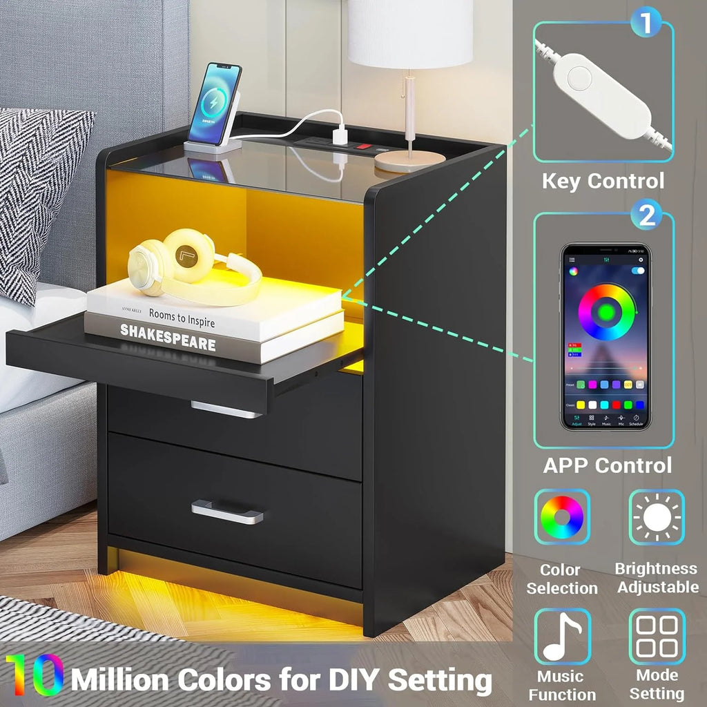 Black LED Nightstand with Charging Station, 2 Drawers P916