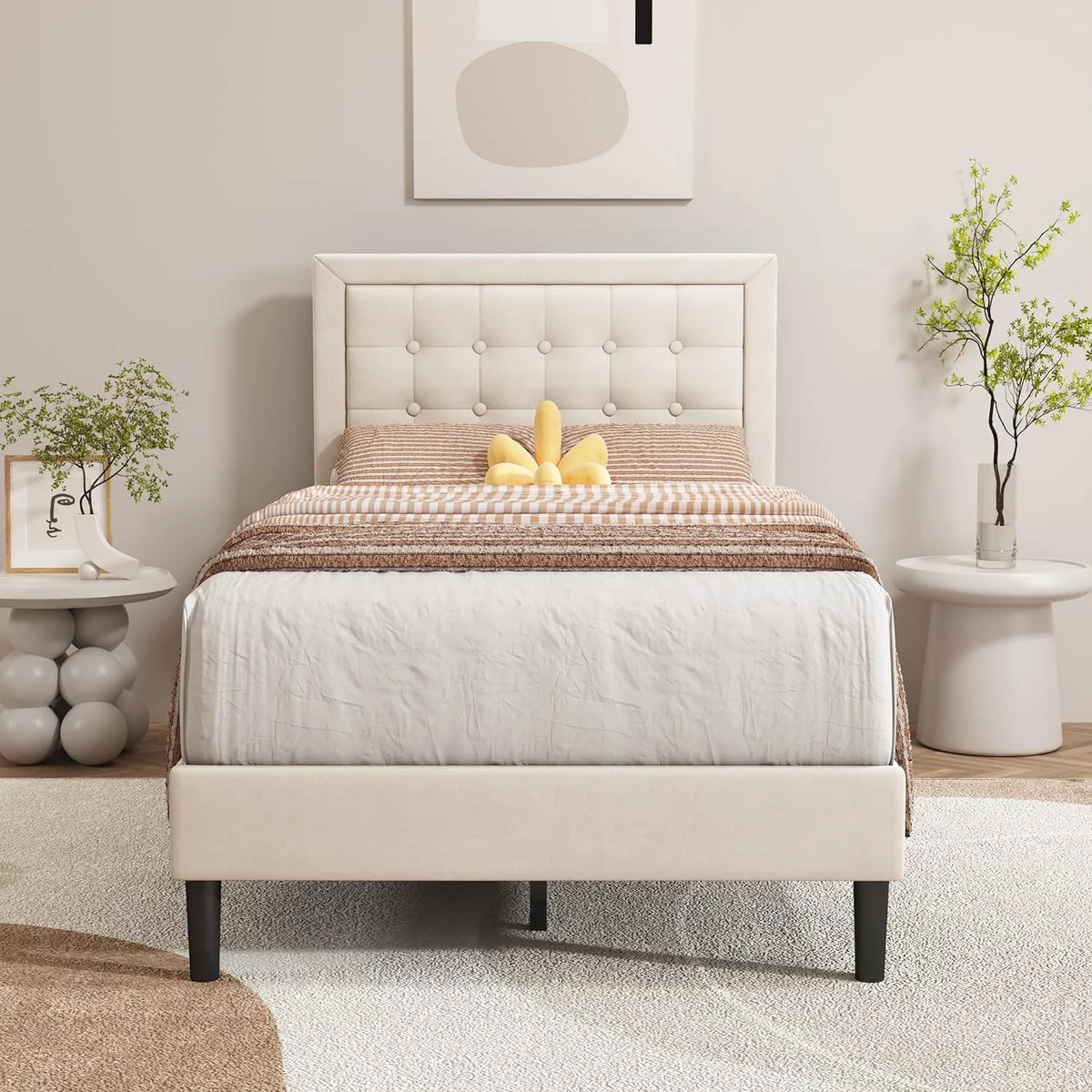 Pink Velvet Upholstered Platform Bed Frame Twin Size Q176