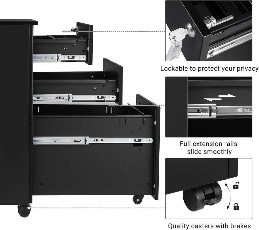 Black 3 Drawer Steel File Cabinet with Lock P4984