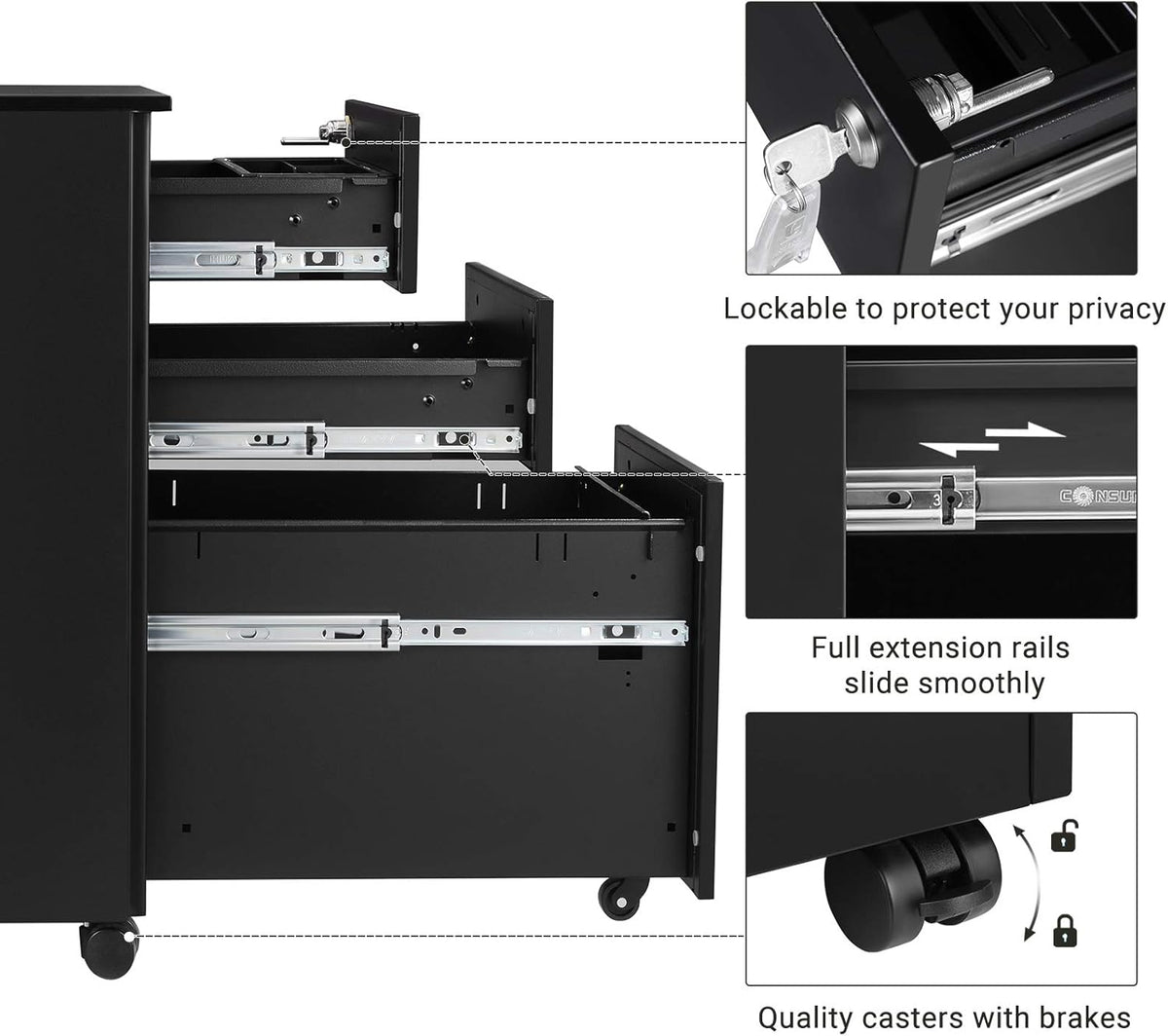 Black 3 Drawer Steel File Cabinet with Lock P4984