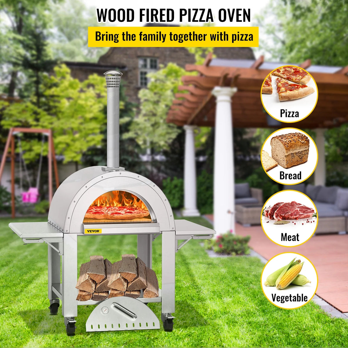 Wood Fired Outdoor Pizza Oven with Wheels O698462