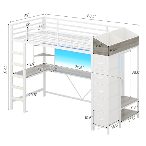 Twin Size Black Metal Loft Bed with Desk and Drawers X52344