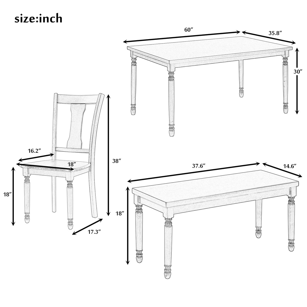 6-Piece Wooden Dining Table and 4 Chairs with Bench G498