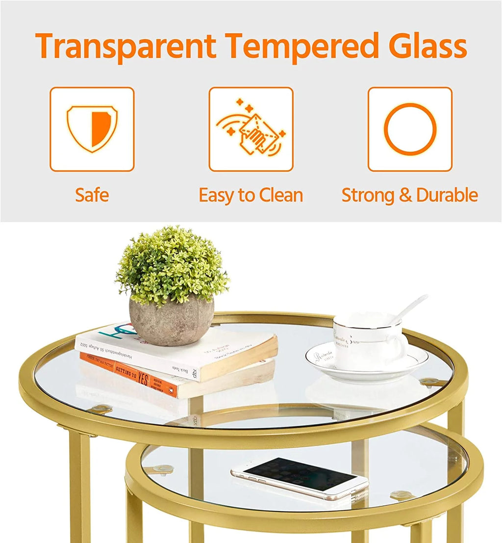 Set of 2 Round Nesting Side Table Metal Frame Tempered Glass B482319