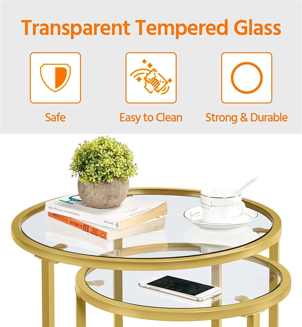Set of 2 Round Nesting Side Table Metal Frame Tempered Glass B482319