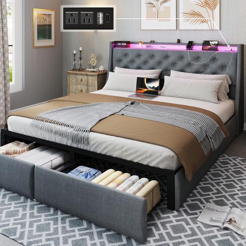 Queen Size Metal Platform Bed Frame with Storage Headboard and 4 Drawer S5785