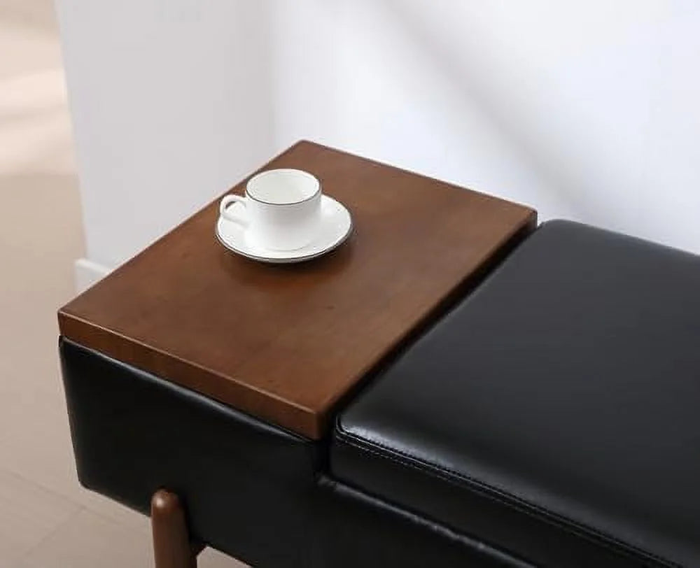 Green Leather Upholstered Ottoman Bench with Wood Shoe Rack O102
