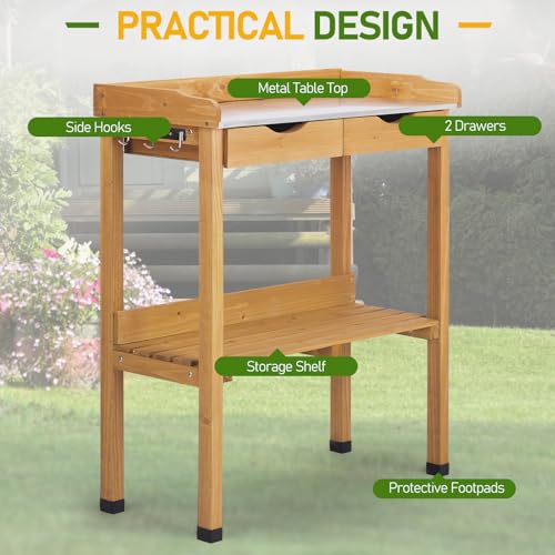 Wooden Potting Bench Table with Metal Tabletop and Open Shelf F978