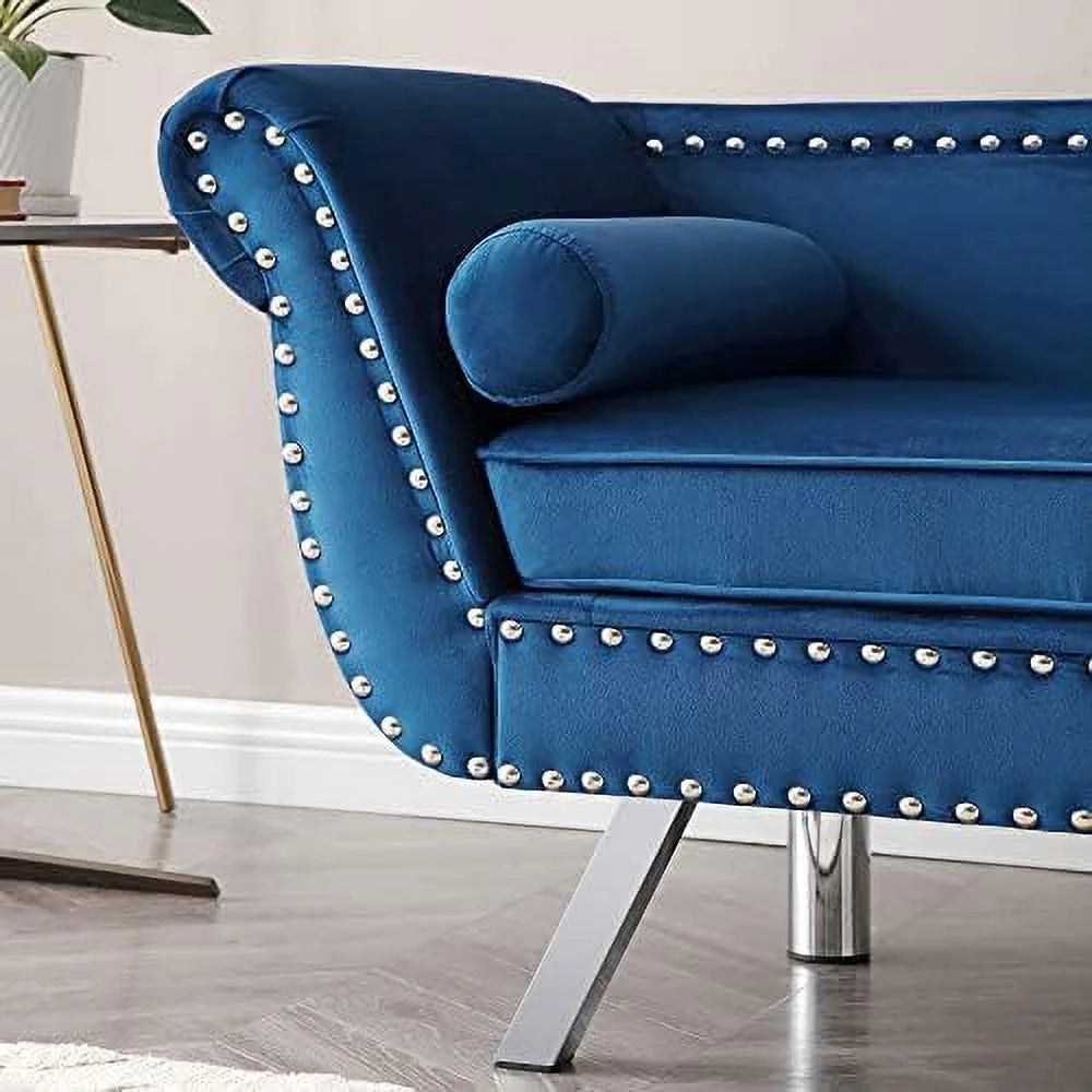 Velvet Ottoman Bench with Back and Silver Metal Legs I671