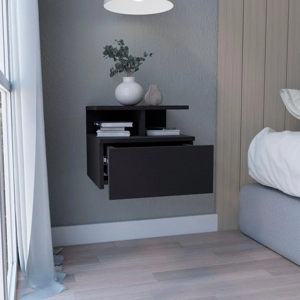 Black Floating Nightstand with Single Drawer and 2-Tier Shelf F104821